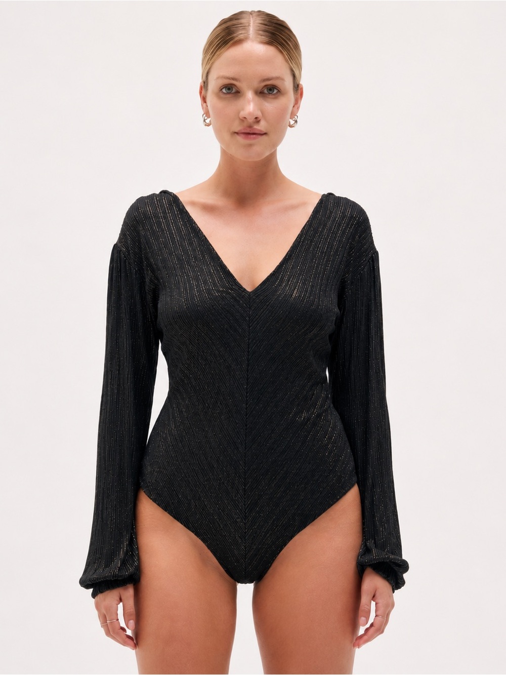 Express Black Metallic Pleated V-Neck Long Sleeve Bodysuit Size M
